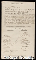 Verdon, Sir George Frederic: certificate of election to the Royal Society