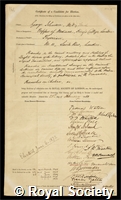 Johnson, Sir George: certificate of election to the Royal Society