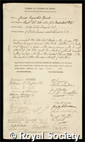 Grant, James Augustus: certificate of election to the Royal Society