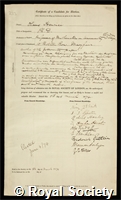 Henrici, Olaus Magnus Friedrich Erdmann: certificate of election to the Royal Society