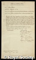 Caird, Sir James: certificate of election to the Royal Society