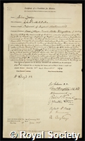 Casey, John: certificate of election to the Royal Society