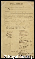 Reed, Sir Edward James: certificate of election to the Royal Society