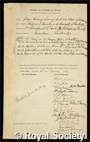 Liveing, George Downing: certificate of election to the Royal Society