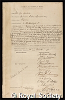 Bristowe, John Syer: certificate of election to the Royal Society