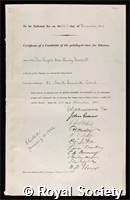Fawcett, Henry: certificate of election to the Royal Society