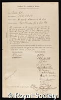 Gill, Sir David: certificate of election to the Royal Society