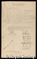 Baxendell, Joseph: certificate of election to the Royal Society