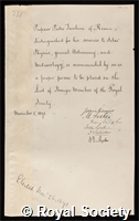 Tacchini, Pietro: certificate of election to the Royal Society