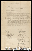 Giffen, Sir Robert: certificate of election to the Royal Society