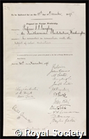 Langley, Samuel Pierpont: certificate of election to the Royal Society