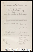 Metchnikoff, Elias: certificate of election to the Royal Society