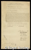 Bell, Robert: certificate of election to the Royal Society