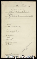 Zirkel, Ferdinand: certificate of election to the Royal Society