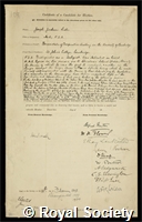 Lister, Joseph Jackson: certificate of election to the Royal Society