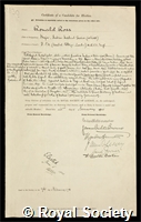 Ross, Sir Ronald: certificate of election to the Royal Society