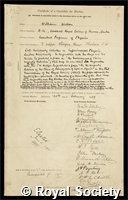 Watson, William: certificate of election to the Royal Society