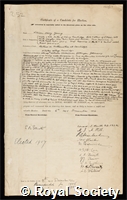 Young, William Henry: certificate of election to the Royal Society