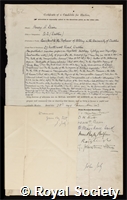 Dixon, Henry Horatio: certificate of election to the Royal Society