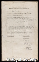 Barcroft, Sir Joseph: certificate of election to the Royal Society