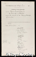 Arrhenius, Svante August: certificate of election to the Royal Society