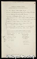 Heath, Sir Thomas Little: certificate of election to the Royal Society