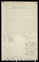 Jones, Humphrey Owen: certificate of election to the Royal Society