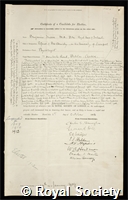 Moore, Benjamin: certificate of election to the Royal Society