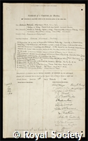 Assheton, Richard: certificate of election to the Royal Society