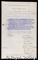 Russell, Sir Edward John: certificate of election to the Royal Society
