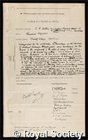Aston, Francis William: certificate of election to the Royal Society