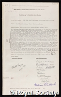 Ledingham, Sir John Charles Grant: certificate of election to the Royal Society