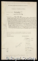 Douglas, Claude Gordon: certificate of election to the Royal Society