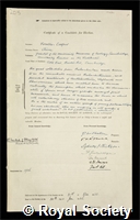 Fleure, Herbert John: certificate of election to the Royal Society