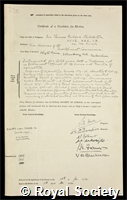 Middleton, Sir Thomas Hudson: certificate of election to the Royal Society