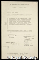Gregory, Frederick Gugenheim: certificate of election to the Royal Society