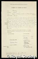 Thoday, David: certificate of election to the Royal Society