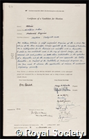 Stanier, Sir William Arthur: certificate of election to the Royal Society