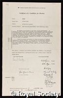 Farren, Sir William Scott: certificate of election to the Royal Society