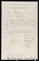 Ingham, Albert Edward: certificate of election to the Royal Society