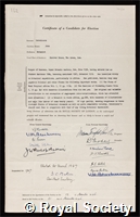Hutchinson, John: certificate of election to the Royal Society
