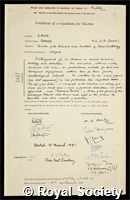 Lack, David Lambert: certificate of election to the Royal Society