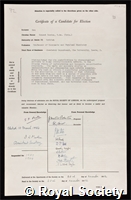 Cox, Sir Ernest Gordon: certificate of election to the Royal Society
