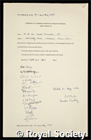 Macmillan, Harold: certificate of election to the Royal Society