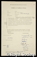 Beament, James William Longman: certificate of election to the Royal Society