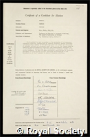 Kemball, Charles: certificate of election to the Royal Society