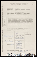 Cooke, George William: certificate of election to the Royal Society