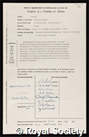 Oatley, Sir Charles William: certificate of election to the Royal Society
