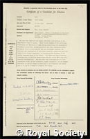 Hill, David Keynes: certificate of election to the Royal Society